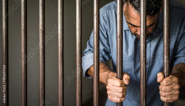 Fototapeta un hombre en prision tras los barrotes de una celda de carcel, concepto de delito, condena y culpabilidad ante la ley