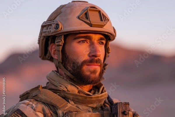 Fototapeta Modern soldier in full tactical gear stands confidently in a rugged outdoor environment, showcasing resilience and readiness for action in a challenging landscape