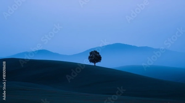 Fototapeta Tranquil landscape at blue hour featuring fog-covered hills and a solitary tree, creating a serene atmosphere in a peaceful natural setting with soft hues