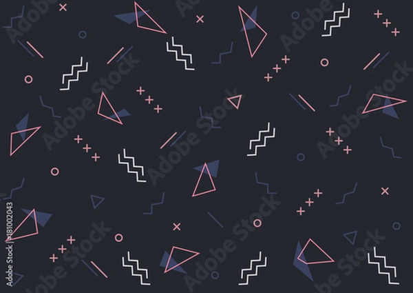 Fototapeta Memphis pattern on dark background. Geometric abstract background, white, pink, blue colors. Colorful background