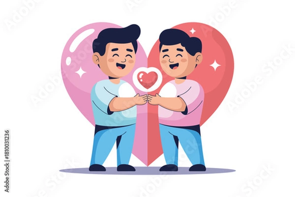 Obraz Two cartoon men holding hands in front of a large pink heart symbolizing love and happiness.