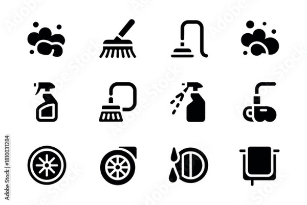 Fototapeta A collection of cleaning icons including soap bubbles, brushes, vacuum cleaners, spray bottles, and towels.