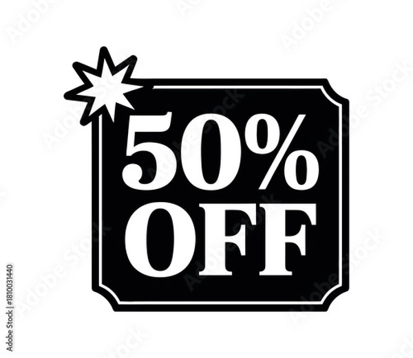 Fototapeta A graphic illustration of a 50% off sale sign with a bursting starburst emblem.