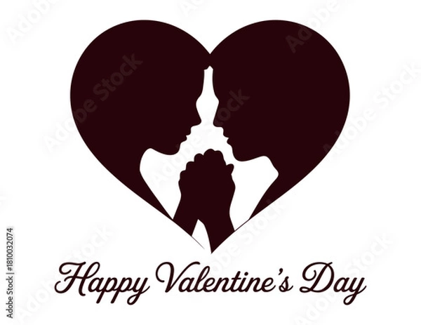 Fototapeta Silhouettes of two people holding hands inside a heart shape with text that reads Happy Valentine's Day.