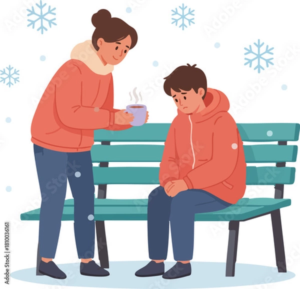 Fototapeta A caring person offers a warm drink to a sad boy sitting on a bench during a cold winter day