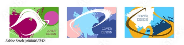 Fototapeta Paint strokes and geometric elements. Set of 3 multi-colored backgrounds. Notebook or notebook cover design. Unusual creative background.