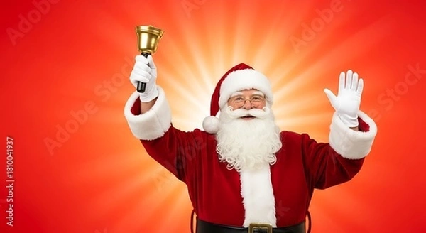 Fototapeta Smiling Santa Claus in a traditional red suit waving and ringing a golden handbell against a vibrant red starburst background.