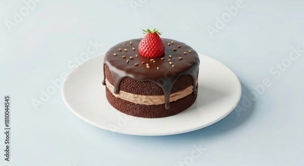 Fototapeta Decadent individual chocolate cake with rich ganache, fresh strawberry, creamy filling, and sprinkles, served elegantly on a pristine white dessert plate. illustration