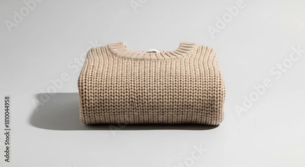 Fototapeta Neatly folded beige chunky knit sweater on a clean white background, showcasing warm textile texture and minimalist comfort clothing design. illustration