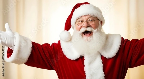 Fototapeta Portrait of a cheerful Santa Claus in a red suit and hat, welcoming with open arms.