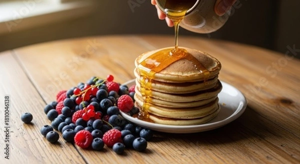 Fototapeta Golden maple syrup being generously poured over a delectable stack of fluffy pancakes, surrounded by vibrant fresh berries on a rustic wooden table. illustration