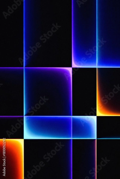 Obraz Abstract geometric grid pattern with vibrant glowing neon lines of blue purple and orange on black background