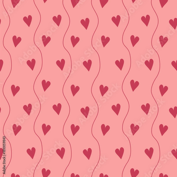 Fototapeta Cute and romantic vector seamless pattern with hearts and wave lines on pink background.