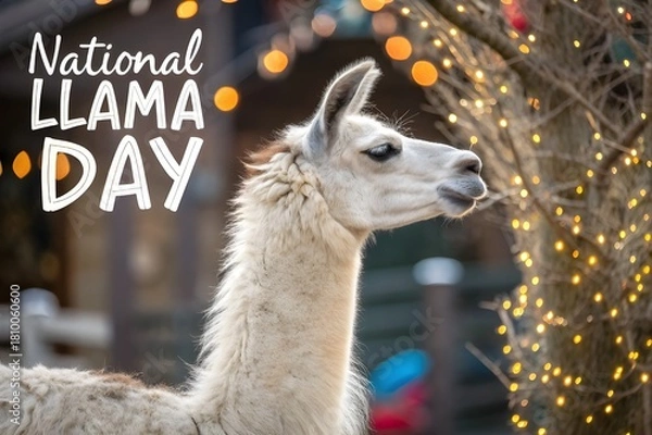 Fototapeta National Llama Day: Llama Portrait with Warm Bokeh Fairy Lights
