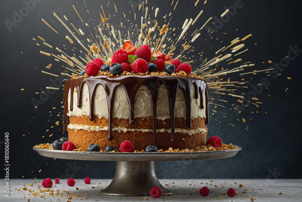 Obraz Exploding cake. Round multi-layered chocolate cake exploding into frosting particles