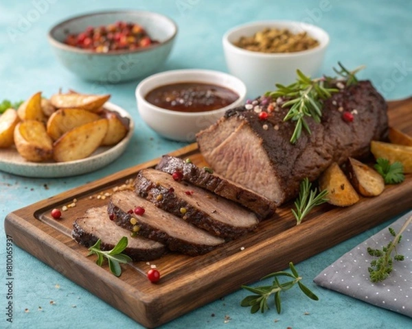 Fototapeta A traditional German Sauerbraten beef is served on a wooden board alongside potatoes, herbs, spices, and various sauces on a turquoise blue background.