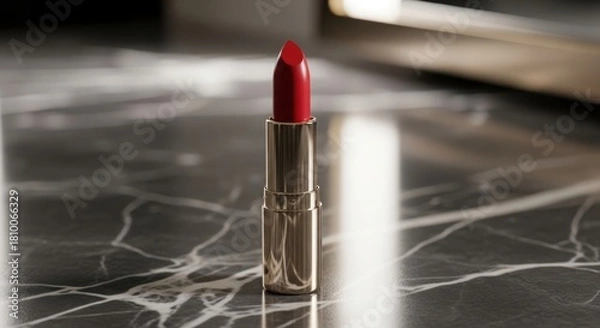 Fototapeta Vibrant red lipstick in a sleek golden tube standing elegantly on a luxurious dark grey marble surface with delicate white veins and subtle reflections illustration