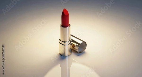 Fototapeta Vibrant red lipstick in elegant gold casing, with its cap lying alongside, casting reflections on a smooth, illuminated surface, perfect for beauty ads illustration