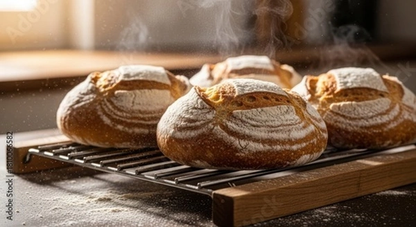 Fototapeta Freshly baked artisanal sourdough bread loaves cooling on a rack, emanating steam, with a dusting of flour, showcasing a rustic homemade quality. illustration