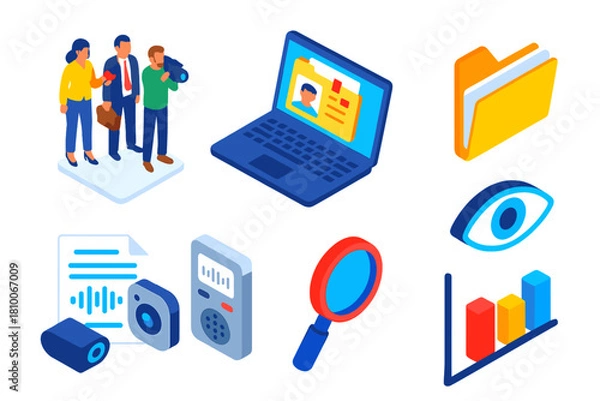 Obraz Investigative Journalism Tools. Isometric vector illustration set News and media – investigative journalism team, laptop with