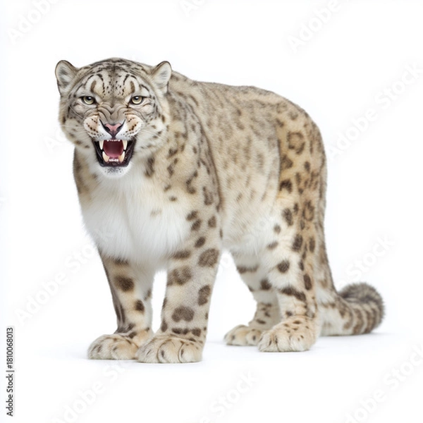 Obraz Roaring snow leopard isolated on white background