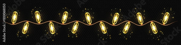 Fototapeta Christmas Garland with Glowing Yellow Lights – Curved Decorative Element on Transparent Background for Festive Design and Holiday Decor