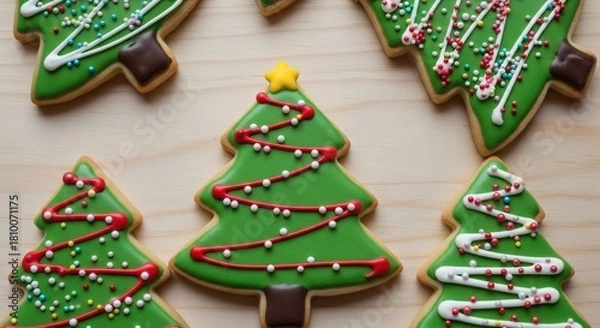 Fototapeta Festive Cookie Delights: Adorned with vibrant icing and playful sprinkles, these delightful Christmas tree cookies evoke a sense of joyous anticipation and festive celebration.