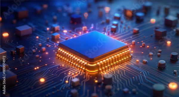 Fototapeta Microchip on circuit board with glowing elements