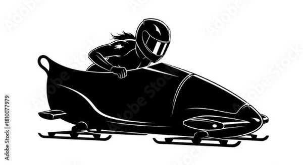 Fototapeta  A Focused Black Vector Silhouette of a Female Bobsledder in a Sled
