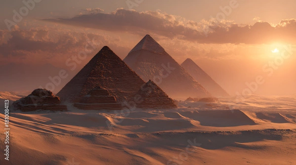 Fototapeta Ancient Echoes in the Desert: The iconic Giza pyramids rise majestically from the desert sands, bathed in the warm, ethereal glow of the setting sun, evoking a sense of history, mystery and awe.