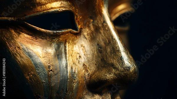 Obraz Golden Mask of Antiquity: A close-up view of a beautifully crafted golden mask, with intricate details, revealing a sense of mystery. It is a symbol of cultural heritage, artistic beauty.