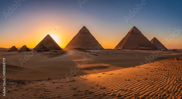 Obraz Ancient Pyramids at Sunrise: The sun's warm rays illuminate the iconic pyramids of ancient Egypt, casting long shadows across the desert sands, with a sense of wonder and history