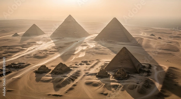 Obraz Ancient Wonders in the Sun: The great pyramids of Giza rise majestically from the desert, their timeless architecture bathed in the warm embrace of the sun. The scene evokes a sense of history.