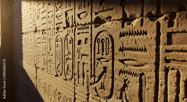 Obraz Ancient Hieroglyphs:  Revealing the ancient history through a wall adorned with detailed hieroglyphs, a visual testament to a bygone civilization, bathed in natural light.