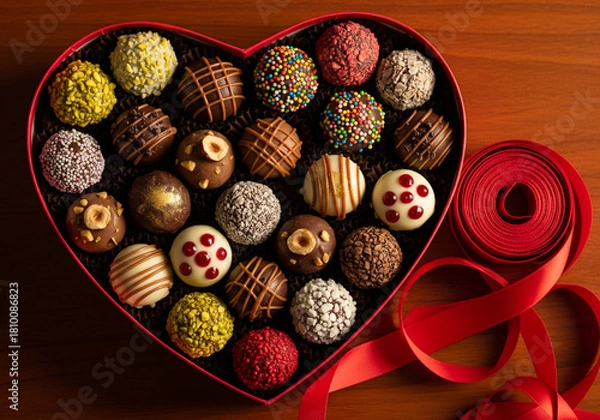 Fototapeta Luxurious Open Heart-Shaped Box of Assorted Gourmet Chocolates and Truffles for Valentine's Day