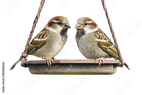 Obraz Two sparrows perched on hanging bird feeder in natural birdwatching scene. Perfect for wildlife and nature projects. High-quality photography PNG with transparent background for easy editing.