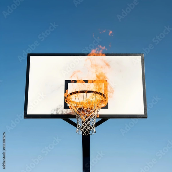 Fototapeta A dramatic image burning basketball hoop against clear sky — perfect for sports promotions, dynamic posters, motivation ads, and high-energy social media content