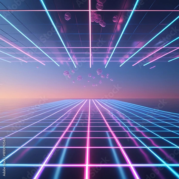 Fototapeta Neon grid landscape with a retro futuristic vibe