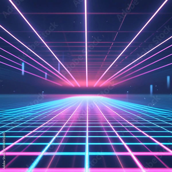 Fototapeta Futuristic grid background with vibrant neon glow