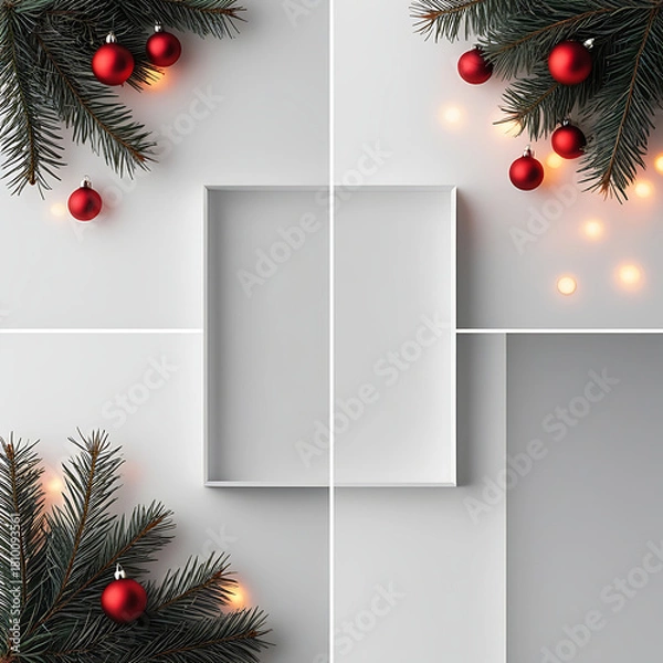 Fototapeta Elegant Christmas frame with red ornaments and lights