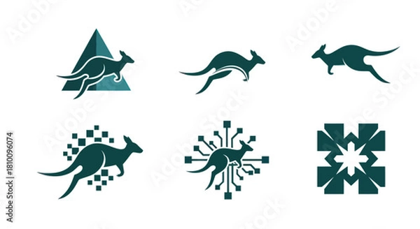 Obraz Six stylized kangaroo logos in teal on white. Some feature tech elements