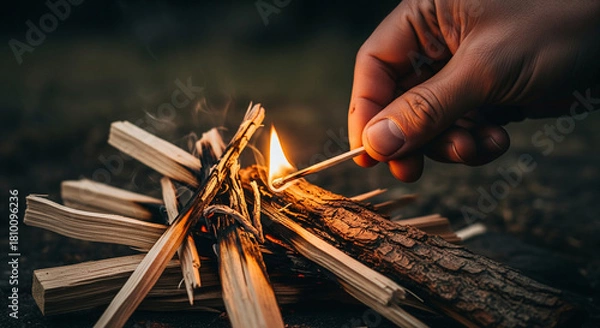 Fototapeta A hand ignites a small fire with a matchstick. The fire is built from sticks and twigs, set against a blurred natural background.