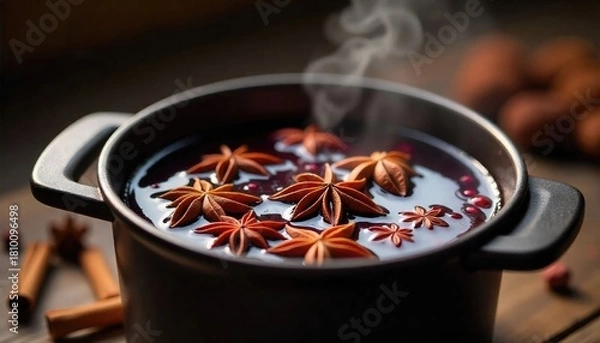 Fototapeta A black pot filled with steaming mulled wine, garnished with star anise and cinnamon sticks. The scene evokes warmth and comfort, perfect for winter gatherings.