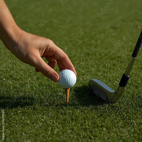 Fototapeta Golfer prepares to tee off by placing the ball on a tee next to an iron on the green grass under a sunny sky at the course.