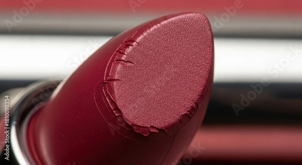 Fototapeta A luxurious close-up of a rich, deep red lipstick showing its fine texture and slightly worn tip, embodying beauty and feminine elegance. illustration