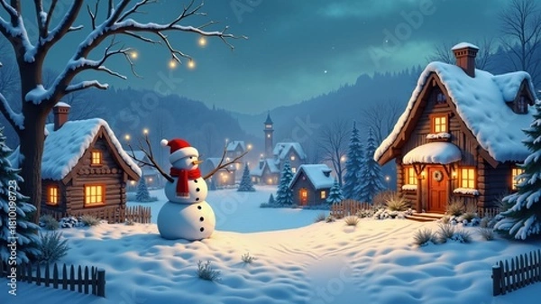 Fototapeta Enchanting christmas village scene with snowman and cozy homes winter wonderland festive atmosphere scenic viewpoint whimsical concept
