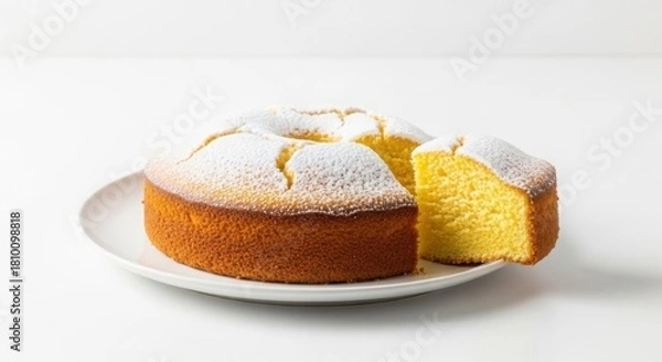 Fototapeta Homemade sponge cake with a cut slice, generously dusted with powdered sugar, served on a white plate against a clean background illustration