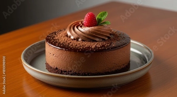 Fototapeta Rich chocolate mousse cake with glaze, cocoa powder, whipped cream swirl, fresh raspberry and mint leaf on a ceramic plate, a sweet treat. illustration