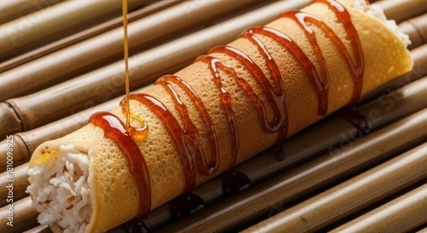 Fototapeta Delicious sweet crepe roll filled with shredded coconut, drizzled with golden caramel syrup, served on rustic bamboo sticks for a delightful dessert or snack illustration