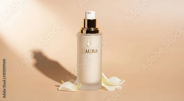 Fototapeta L'aura frosted cosmetic bottle, gold pump, product drop, delicate white petals, soft peach backdrop, highlighting natural beauty and luxury skincare. illustration